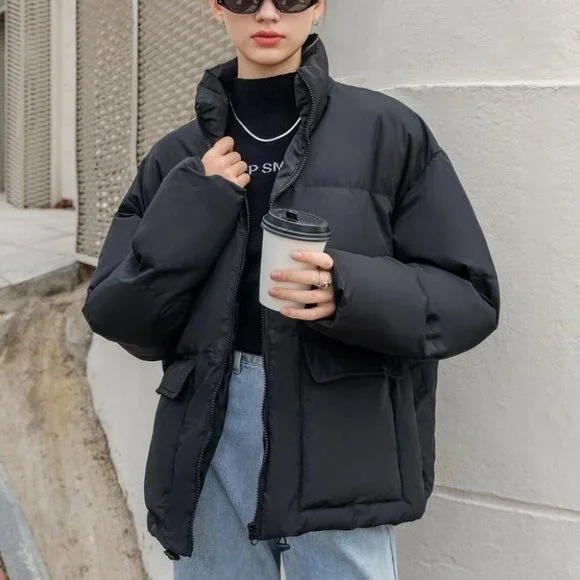 Contemporary Zip up Drawstring Hem Flap Pocket Puffer Coat Comfy fall winter - Picture 11 of 11